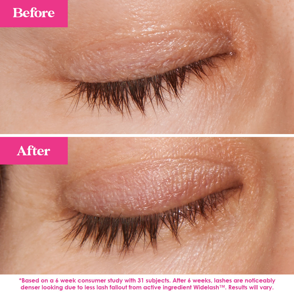 woman before and after wearing GrandeREPAIR Leave-In Lash Conditioner for stronger and softer lashes