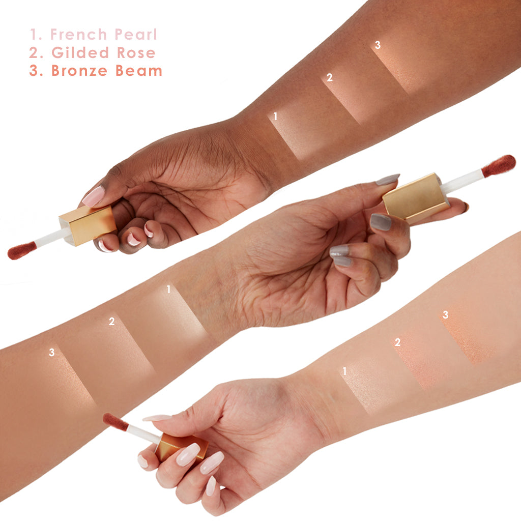 3 women holding GrandeGLOW Plumping Liquid Highlighter for radiant, luminescent skin with all shades displayed on arm
