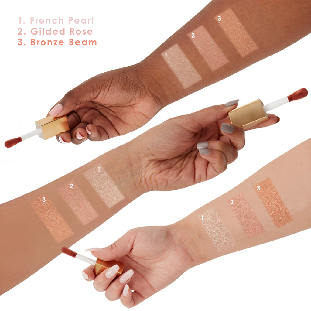 3 women holding GrandeGLOW Plumping Liquid Highlighter for radiant, luminescent skin with all shades displayed on arm